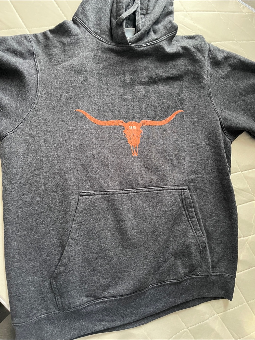 Charcoal Gray Pullover Hoodie with Orange Longhorn Graphic